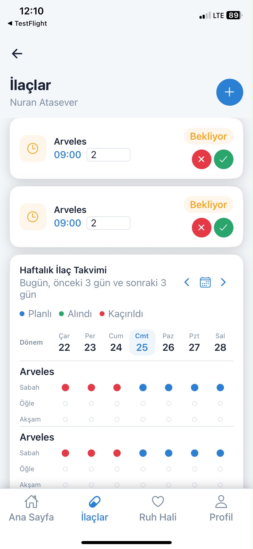 Myos uygulaması ilaç takibi ekranı
